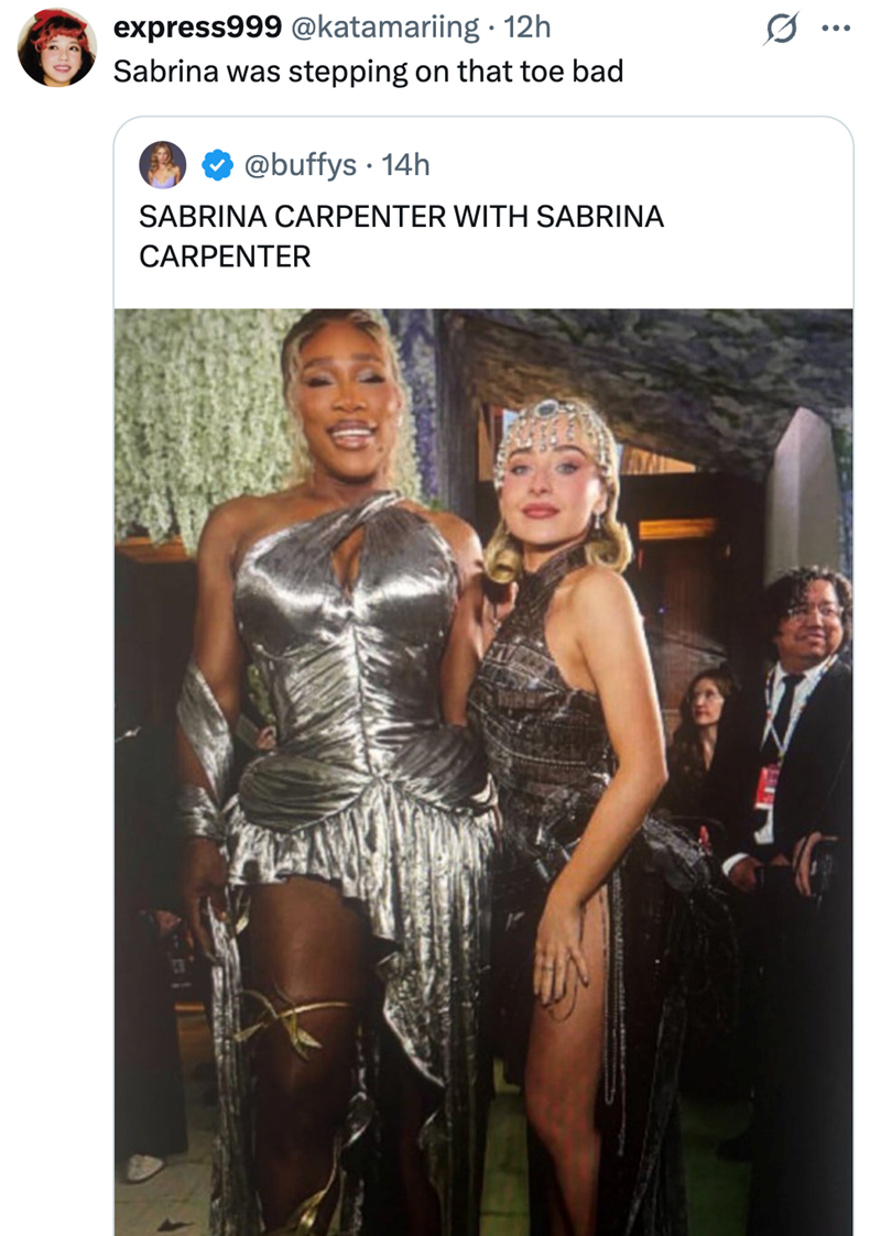 express999 @katamariing. 12h Sabrina was stepping on that toe bad @buffys • 14h SABRINA CARPENTER WITH SABRINA CARPENTER 10 ...