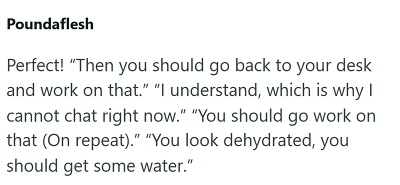 Poundaflesh Perfect! "Then you should go back to your desk and work on that.” “I understand, which is why I cannot chat right now." "You should go work on that (On repeat)." "You look dehydrated, you should get some water."