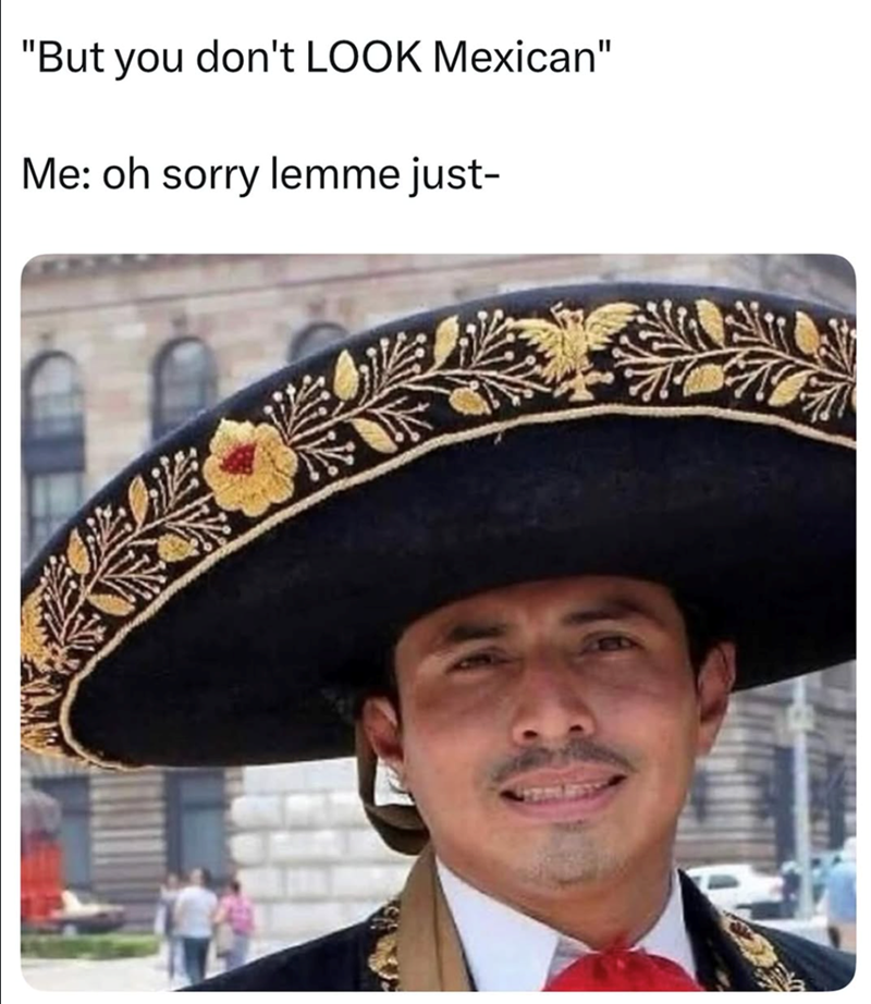 "But you don't LOOK Mexican" Me: oh sorry lemme just-