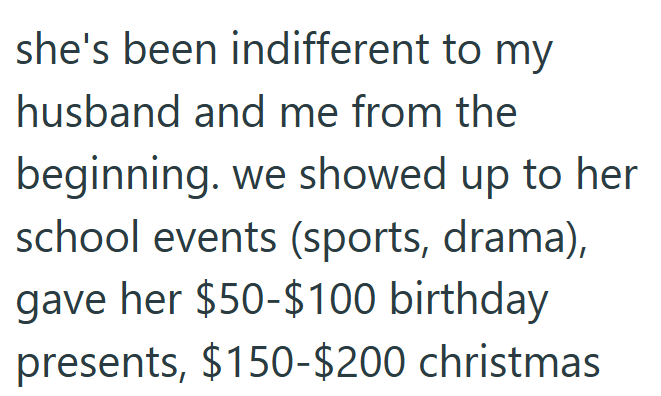 she's been indifferent to my husband and me from the beginning. we showed up to her school events (sports, drama), gave her $50-$100 birthday presents, $150-$200 christmas
