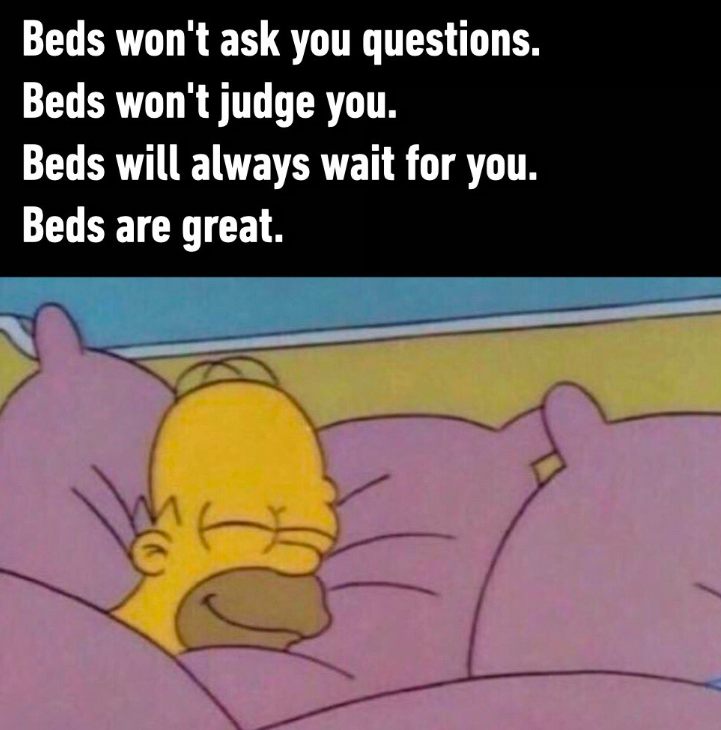 Beds won't ask you questions. Beds won't judge you. Beds will always wait for you. Beds are great.