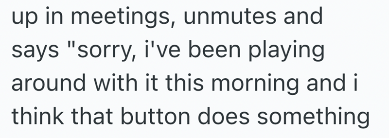 up in meetings, unmutes and says "sorry, i've been playing around with it this morning and i think that button does something