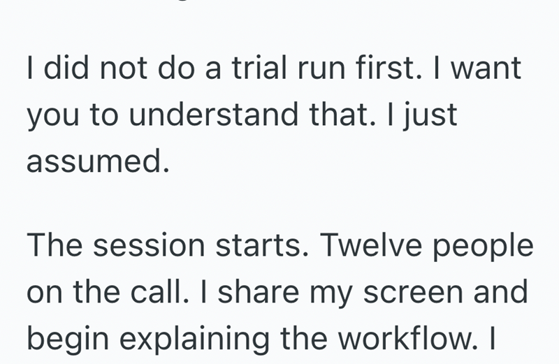 I did not do a trial run first. I want you to understand that. I just assumed. The session starts. Twelve people on the call. I share my screen and begin explaining the workflow. I