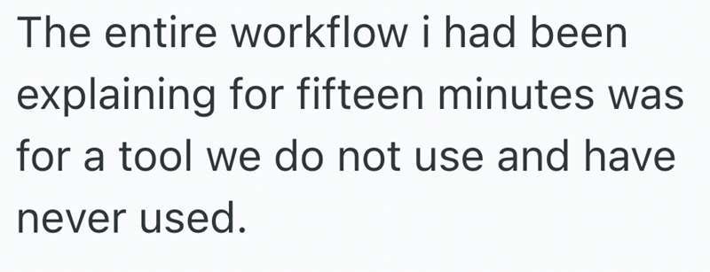 The entire workflow i had been explaining for fifteen minutes was for a tool we do not use and have never used.