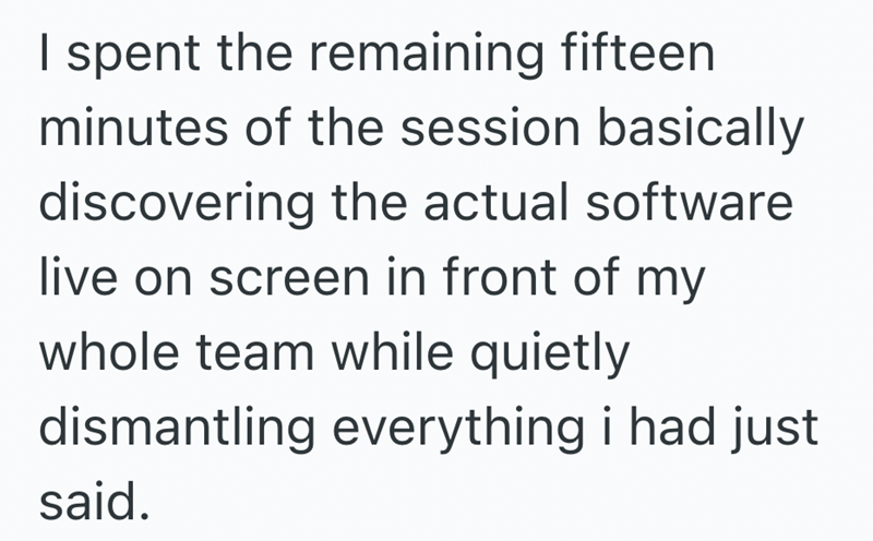 I spent the remaining fifteen minutes of the session basically discovering the actual software live on screen in front of my whole team while quietly dismantling everything i had just said.