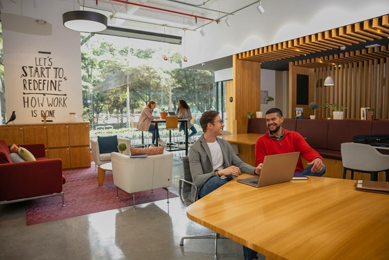 A project manager reviews a software platform with a team member on the laptop in a startup environment.