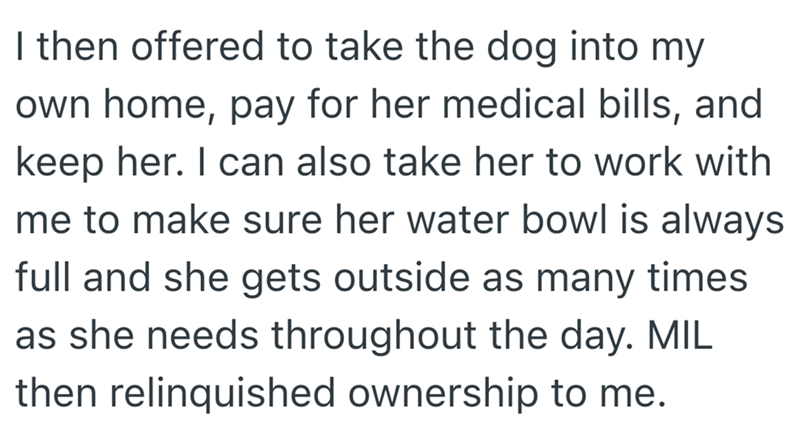 I then offered to take the dog into my own home, pay for her medical bills, and keep her. I can also take her to work with me to make sure her water bowl is always full and she gets outside as many times. as she needs throughout the day. MIL then relinquished ownership to me.
