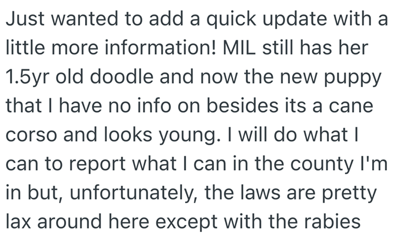 Just wanted to add a quick update with a little more information! MIL still has her 1.5yr old doodle and now the new puppy that I have no info on besides its a cane corso and looks young. I will do what I can to report what I can in the county I'm in but, unfortunately, the laws are pretty lax around here except with the rabies