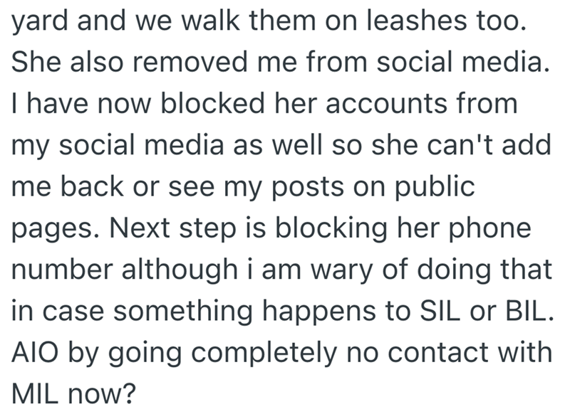 yard and we walk them on leashes too. She also removed me from social media. I have now blocked her accounts from my social media as well so she can't add me back or see my posts on public pages. Next step is blocking her phone number although i am wary of doing that in case something happens to SIL or BIL. AIO by going completely no contact with MIL now?