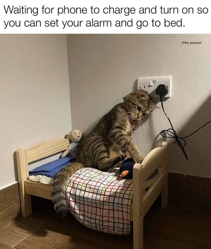 Waiting for phone to charge and turn on so you can set your alarm and go to bed. @the_pizzacat