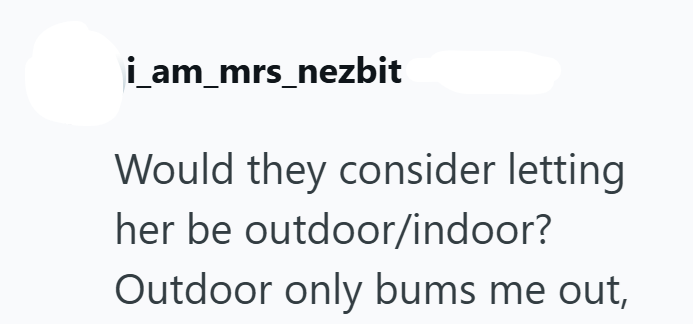 i_am_mrs_nezbit Would they consider letting her be outdoor/indoor? Outdoor only bums me out,