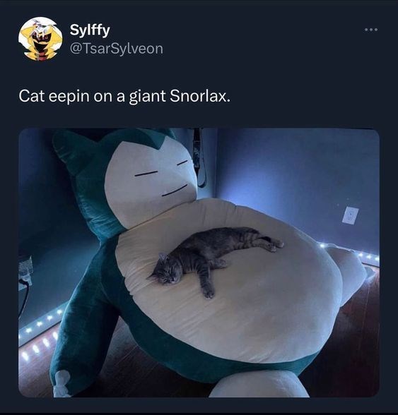 Sylffy @TsarSylveon Cat eepin on a giant Snorlax.