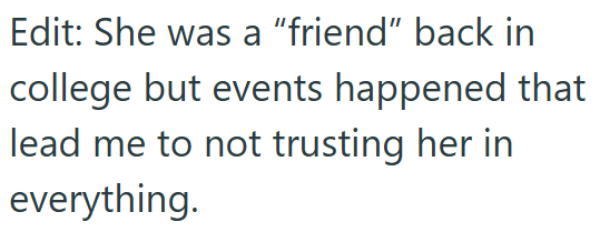 Edit: She was a "friend" back in college but events happened that lead me to not trusting her in everything.