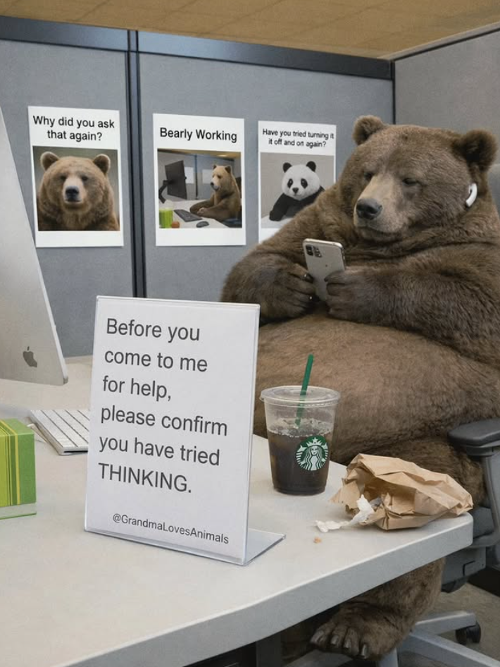 Why did you ask that again? Bearly Working Have you tried turning it it off and on again? Before you come to me for help, please confirm you have tried THINKING. @GrandmaLovesAnimals