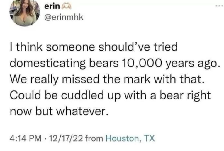 erin @erinmhk I think someone should've tried domesticating bears 10,000 years ago. We really missed the mark with that. Could be cuddled up with a bear right now but whatever. 4:14 PM 12/17/22 from Houston, TX .