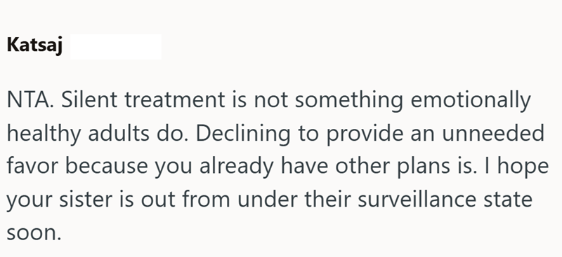 Katsaj NTA. Silent treatment is not something emotionally healthy adults do. Declining to provide an unneeded favor because you already have other plans is. I hope your sister is out from under their surveillance state soon.