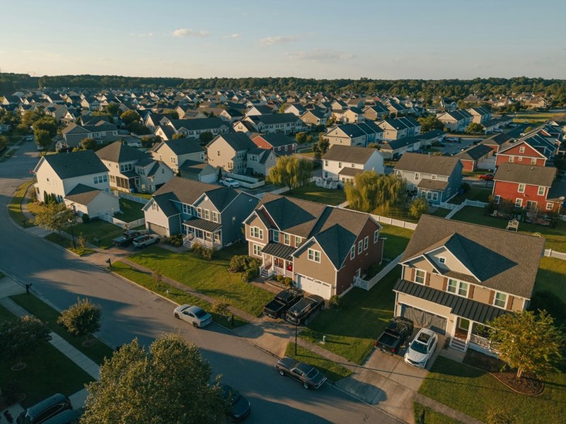 Golden hour modern middle class neighborhood dense population