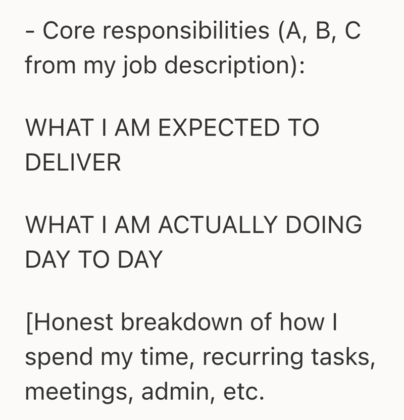 Core responsibilities (A, B, C from my job description): WHAT I AM EXPECTED TO DELIVER WHAT I AM ACTUALLY DOING DAY TO DAY [Honest breakdown of how I spend my time, recurring tasks, meetings, admin, etc.