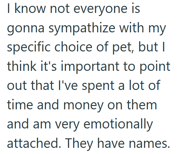 I know not everyone is gonna sympathize with my specific choice of pet, but I think it's important to point out that I've spent a lot of time and money on them and am very emotionally attached. They have names.