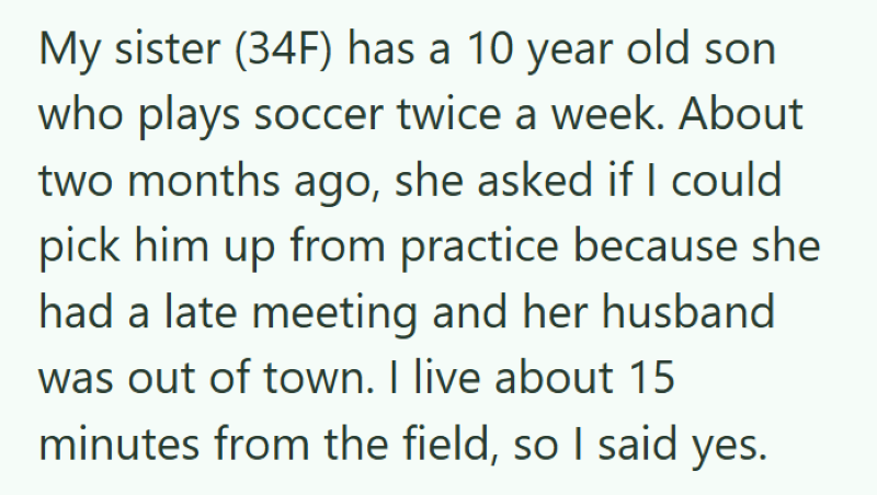 My sister (34F) has a 10 year old son who plays soccer twice a week. About two months ago, she asked if I could. pick him up from practice because she had a late meeting and her husband was out of town. I live about 15 minutes from the field, so I said yes.