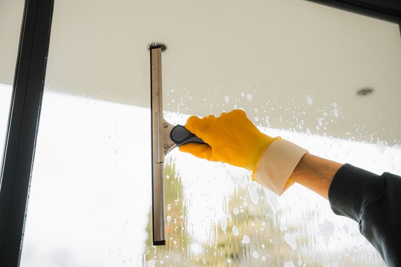 A person wearing yellow gloves cleans a window