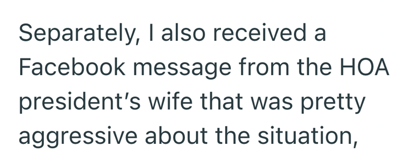 Separately, I also received a Facebook message from the HOA president's wife that was pretty aggressive about the situation,