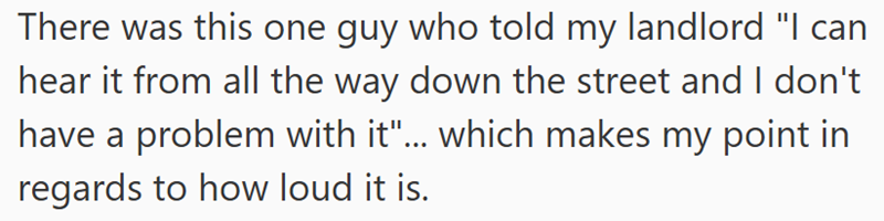 There was this one guy who told my landlord "I can hear it from all the way down the street and I don't have a problem with it"... which makes my point in regards to how loud it is.