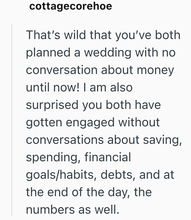 cottagecorehoe That's wild that you've both planned a wedding with no conversation about money until now! I am also surprised you both have gotten engaged without conversations about saving, spending, financial goals/habits, debts, and at the end of the day, the numbers as well.