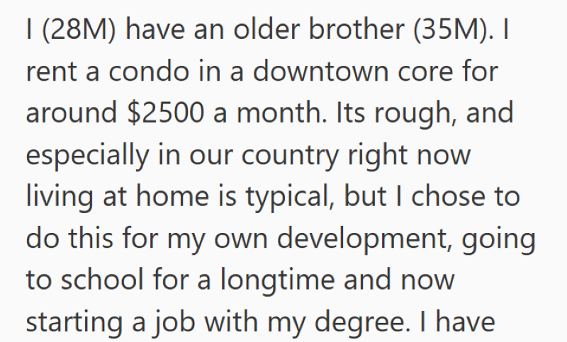 I (28M) have an older brother (35M). I rent a condo in a downtown core for around $2500 a month. Its rough, and especially in our country right now living at home is typical, but I chose to do this for my own development, going to school for a longtime and now starting a job with my degree. I have