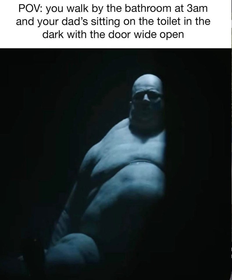POV: you walk by the bathroom at 3am and your dad's sitting on the toilet in the dark with the door wide open