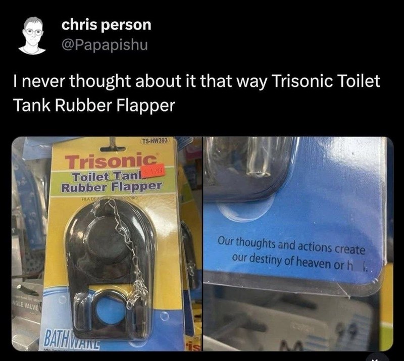 chris person @Papapishu I never thought about it that way Trisonic Toilet Tank Rubber Flapper (TS-HW393 Trisonic Toilet Tani 199 Rubber Flapper FILA DORO NGLE VALVE BATHWAINS Our thoughts and actions create our destiny of heaven or h..