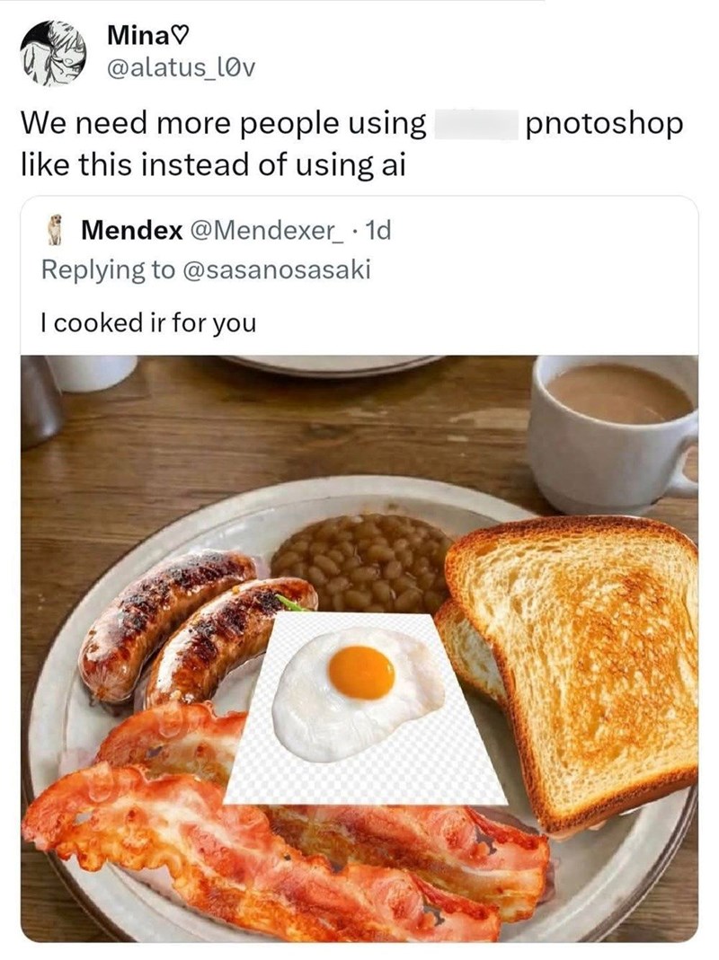 Mina♡ @alatus_lov We need more people using like this instead of using ai Mendex @Mendexer_ . 1d Replying to @sasanosasaki I cooked ir for you photoshop