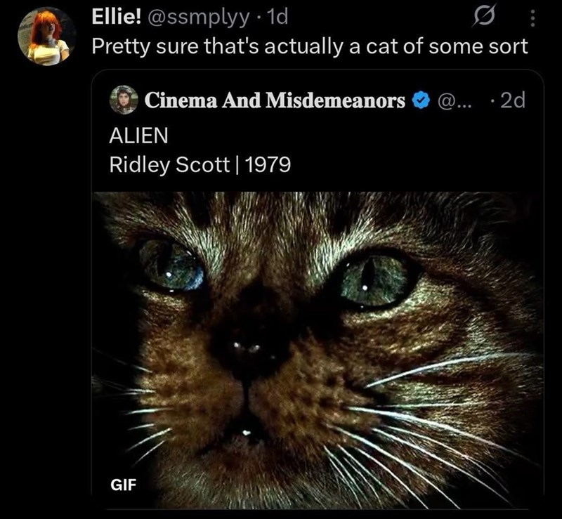 Ellie! @ssmplyy • 1d Pretty sure that's actually a cat of some sort Cinema And Misdemeanors ALIEN Ridley Scott | 1979 @... 2d GIF