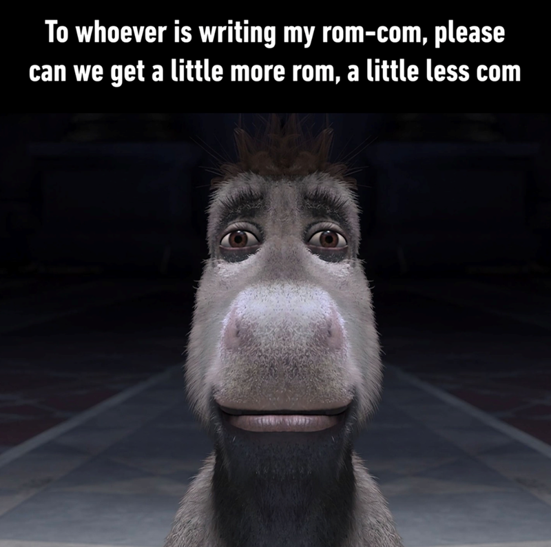 To whoever is writing my rom-com, please can we get a little more rom, a little less com