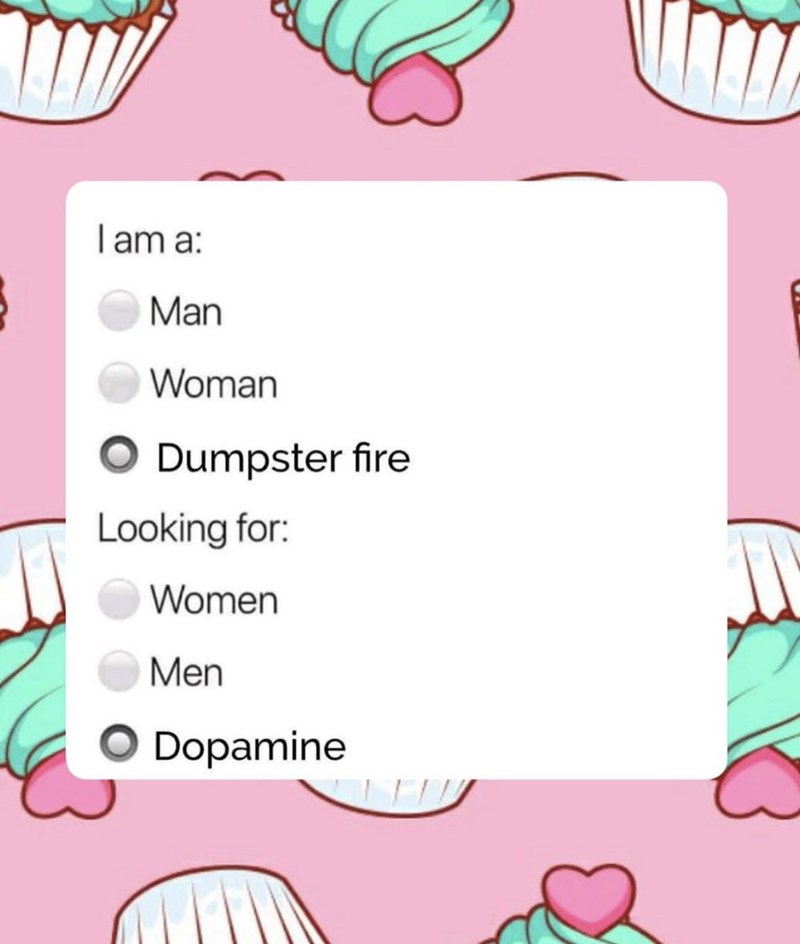 I am a: Man Woman Dumpster fire Looking for: Women Men Dopamine