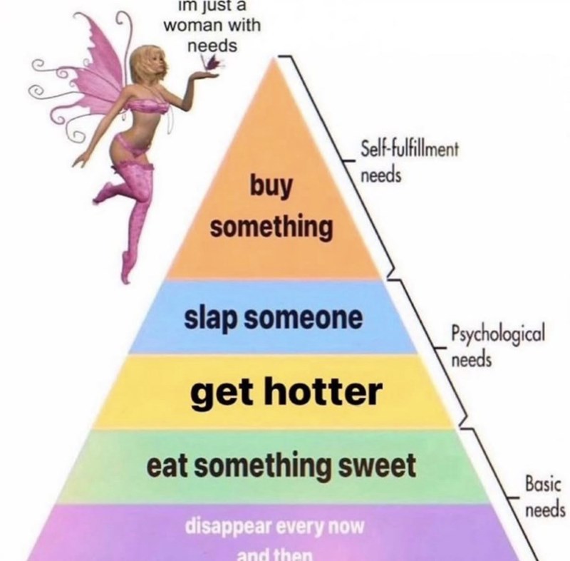 Im just a woman with needs Self-fulfillment needs buy something slap someone get hotter eat something sweet disappear every now and then Psychological needs Basic needs