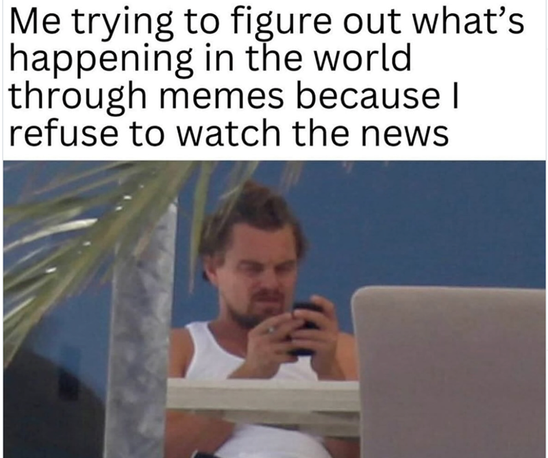 Me trying to figure out what's happening in the world through memes because I refuse to watch the news