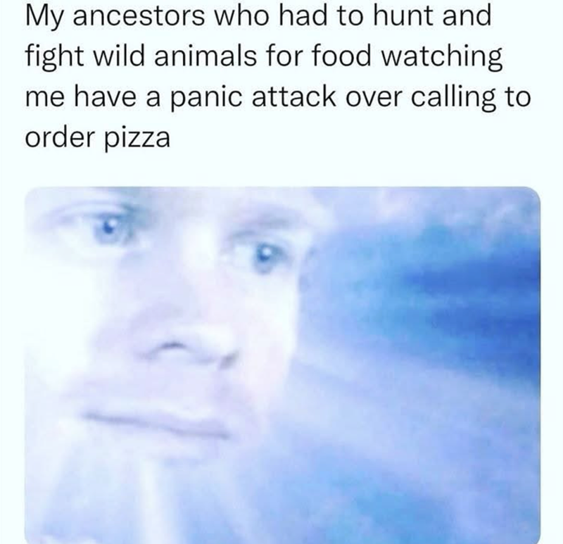 My ancestors who had to hunt and fight wild animals for food watching me have a panic attack over calling to order pizza
