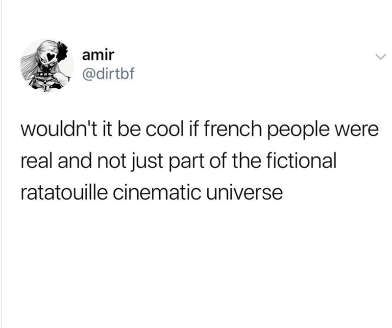 amir @dirtbf wouldn't it be cool if french people were real and not just part of the fictional ratatouille cinematic universe