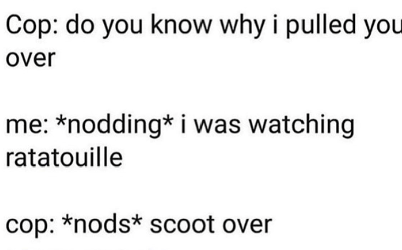 Cop: do you know why i pulled you over me: *nodding* i was watching ratatouille cop: *nods* scoot over