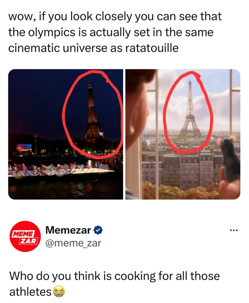 wow, if you look closely you can see that the olympics is actually set in the same cinematic universe as ratatouille MEME Memezar❤ ZAR @meme_zar Who do you think is cooking for all those athletes