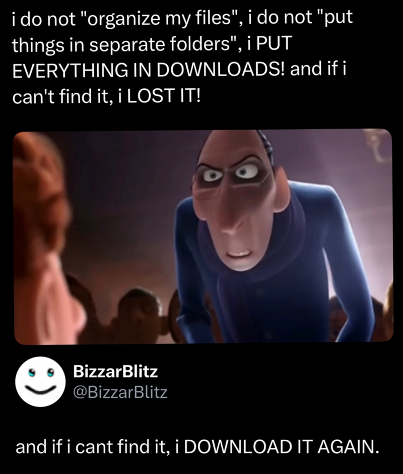 i do not "organize my files", i do not "put things in separate folders", i PUT EVERYTHING IN DOWNLOADS! and if i can't find it. i LOST IT! BizzarBlitz @BizzarBlitz and if i cant find it, i DOWNLOAD IT AGAIN.