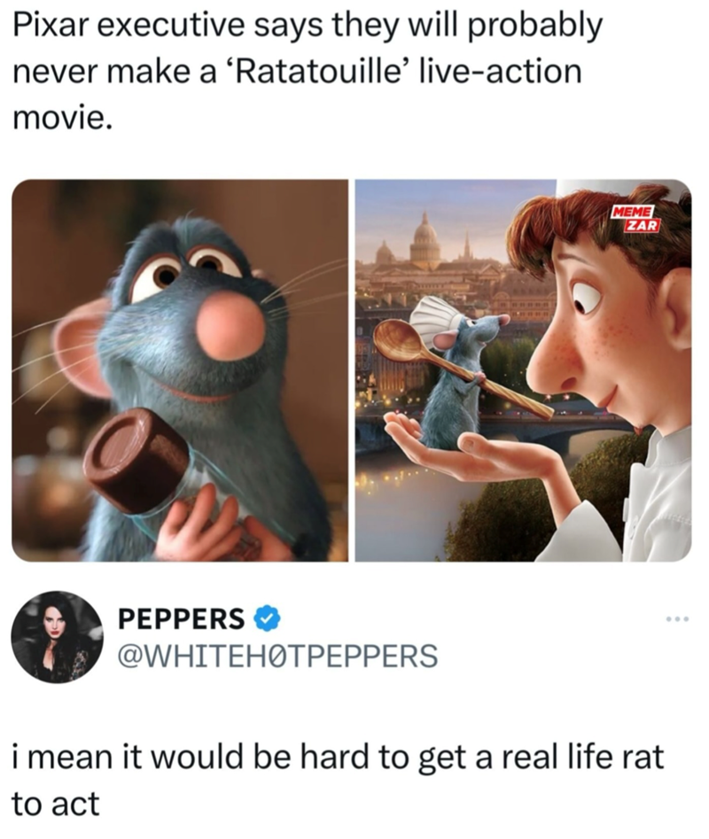 Pixar executive says they will probably never make a 'Ratatouille' live-action movie. PEPPERS @WHITEHOTPEPPERS MEME ZAR i mean it would be hard to get a real life rat to act