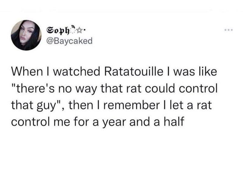Soph @Baycaked When I watched Ratatouille I was like "there's no way that rat could control that guy", then I remember I let a rat control me for a year and a half **