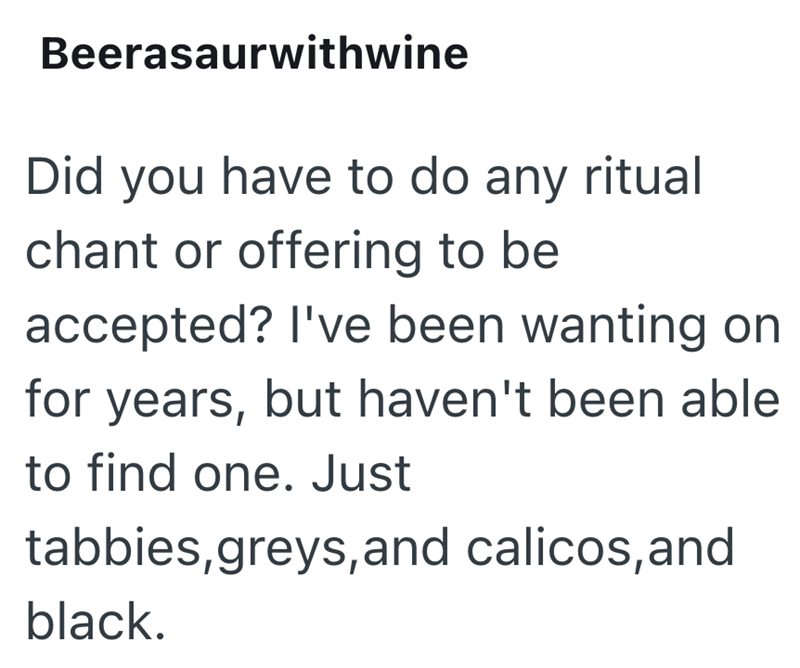 Beerasaurwithwine Did you have to do any ritual chant or offering to be accepted? I've been wanting on for years, but haven't been able to find one. Just tabbies, greys, and calicos, and black.