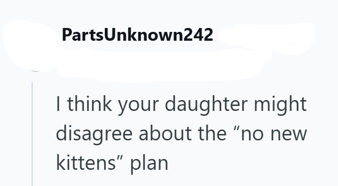 PartsUnknown242 I think your daughter might disagree about the "no new kittens” plan