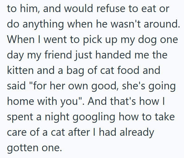 to him, and would refuse to eat or do anything when he wasn't around. When I went to pick up my dog one day my friend just handed me the kitten and a bag of cat food and said "for her own good, she's going home with you". And that's how I spent a night googling how to take care of a cat after I had already gotten one.