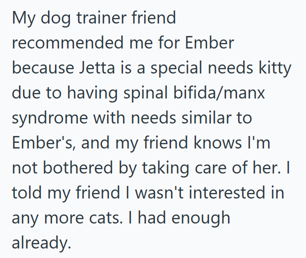 My dog trainer friend recommended me for Ember because Jetta is a special needs kitty due to having spinal bifida/manx syndrome with needs similar to Ember's, and my friend knows I'm not bothered by taking care of her. I told my friend I wasn't interested in any more cats. I had enough already.