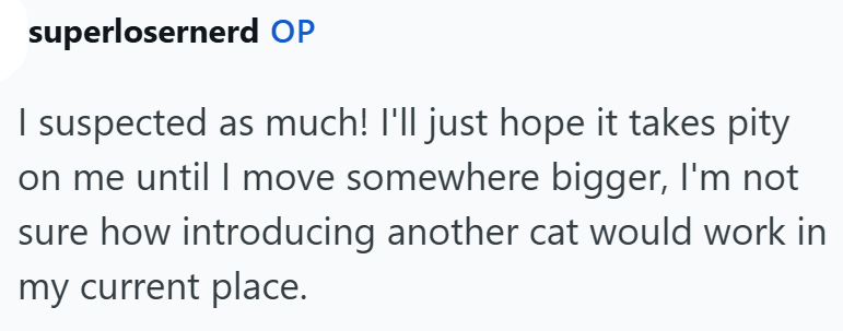 superlosernerd OP I suspected as much! I'll just hope it takes pity on me until I move somewhere bigger, I'm not sure how introducing another cat would work in my current place.