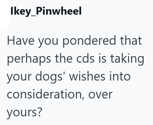 Ikey_Pinwheel Have you pondered that perhaps the cds is taking your dogs' wishes into consideration, over yours?